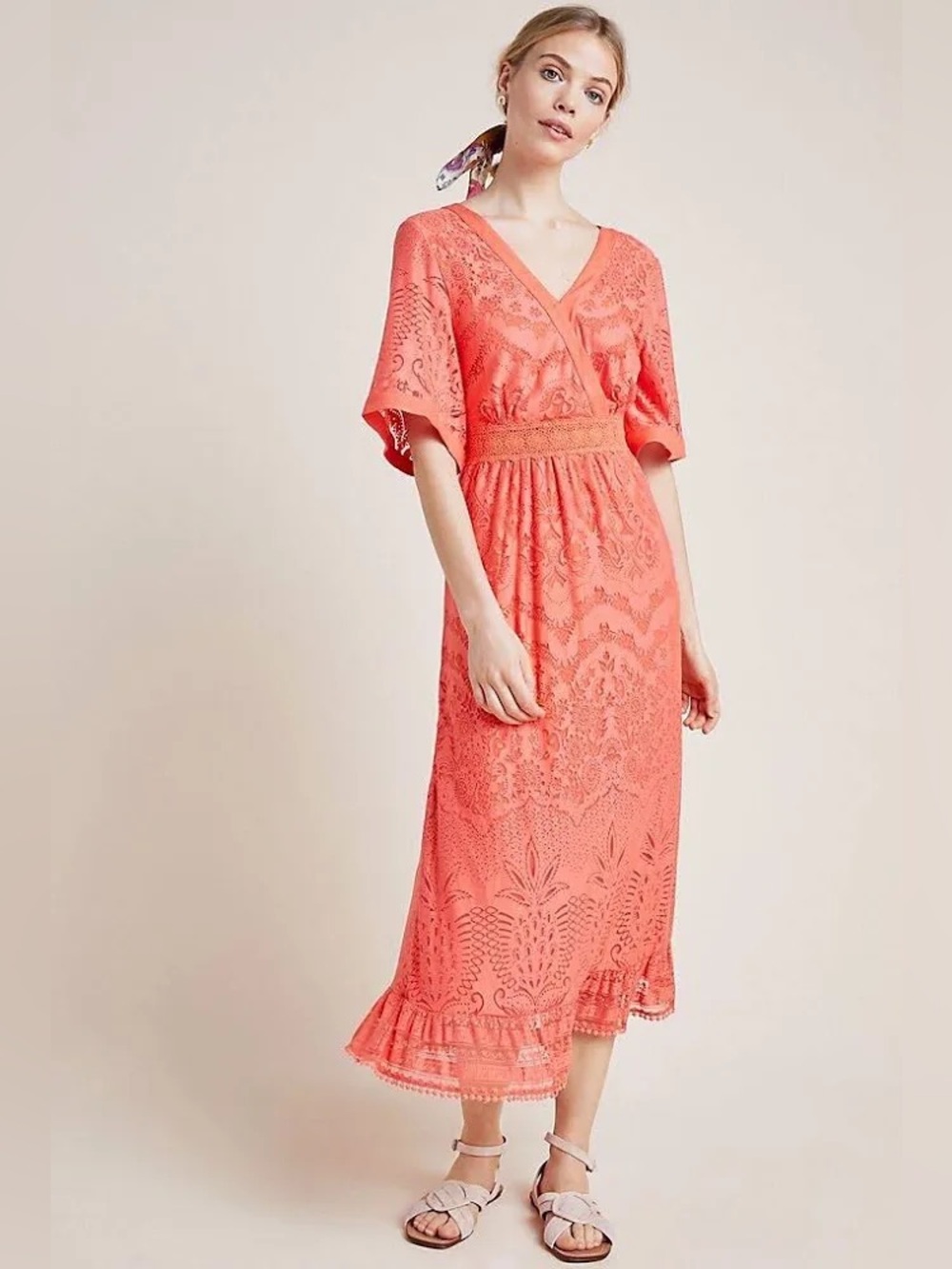 Farm Rio Coral Lace Midi Dress
